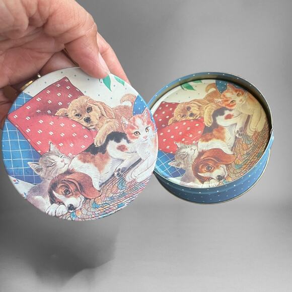 Vintage Puppy & Kitten Coaster Tin Cork 6 Coasters Cottage Animal Dog Cat Polka - Picture 9 of 9